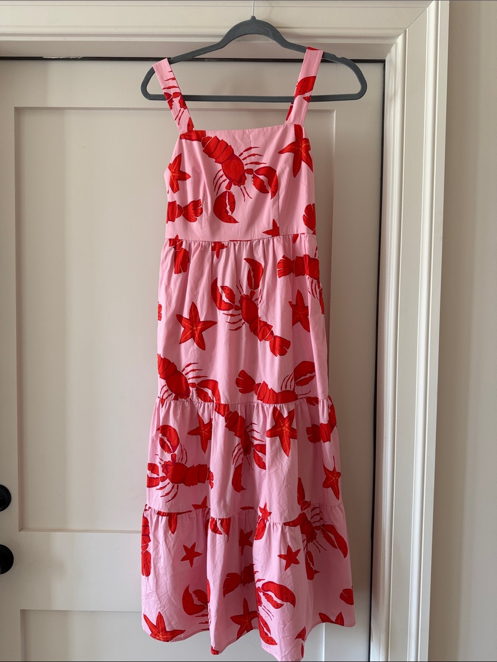 J. Crew Pink Midi Dress with Red Lobster Print